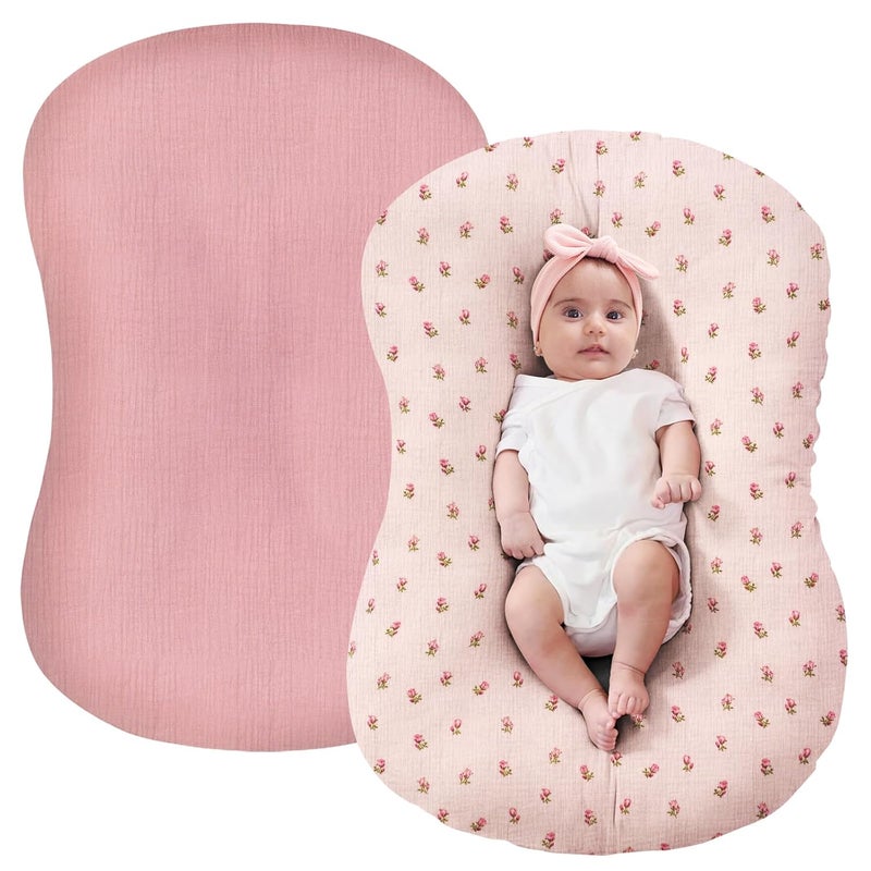 FUNUPUP Muslin Baby Lounger Cover Compatible with Snuggle Me Lounger, Infant Lounger Pillow Cover for Newborn, Removable Newborn Lounger Cover for Boys and Girls, Only Cover, Pink&Pink Flower - Image 1